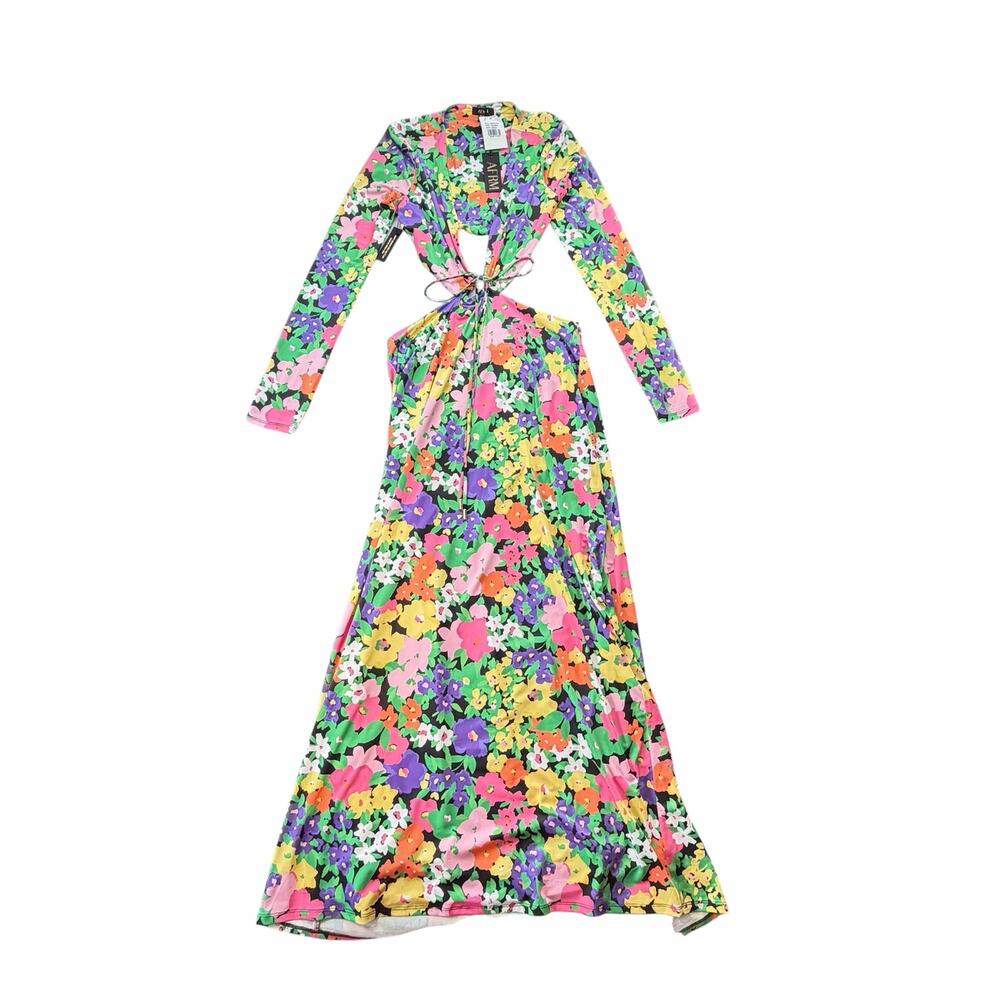 AFRM NEW Monique Neon Floral Cut Out V-neck Tie Front Long Sleeve Maxi Dress - Picture 8 of 12